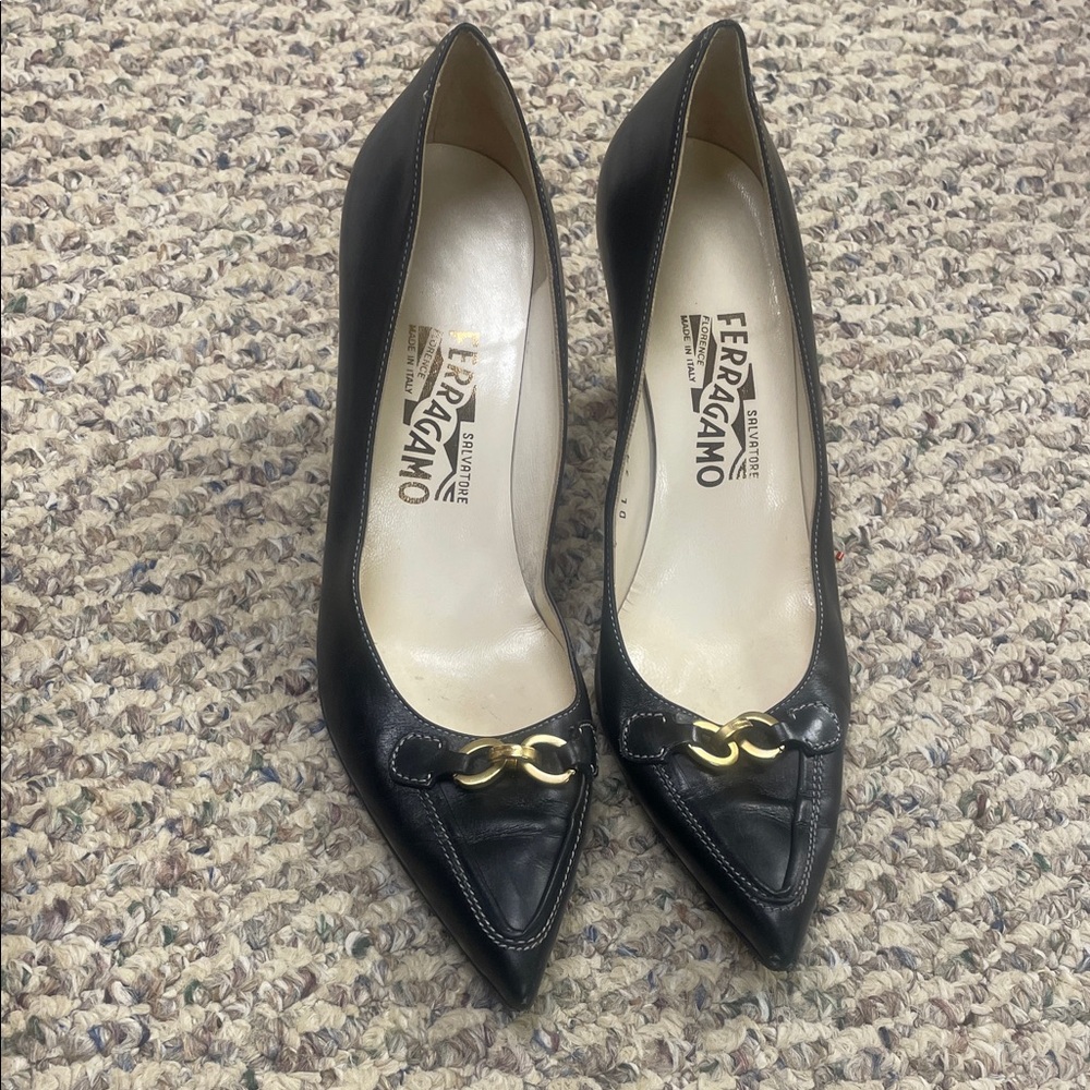 Salvatore Ferragamo Black Leather Pointed Toe Pumps with Gold Hardware